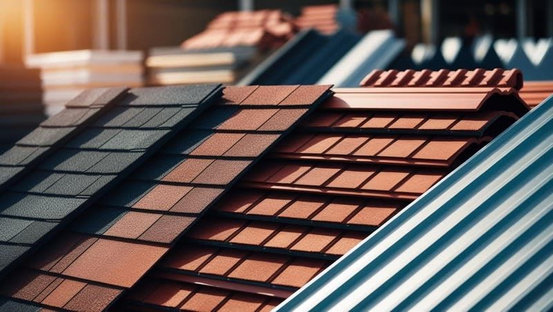 Close-up of various roofing material samples: asphalt shingles, clay tiles, and corrugated metal.