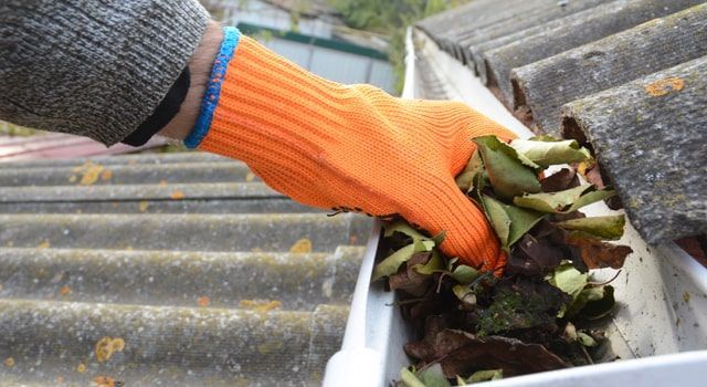 Hand in orange glove cleaning leaves from a gutter on a roof.