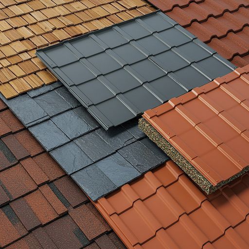 Close-up of various roofing materials in shades of brown, gray, and red, showcasing different textures and styles.