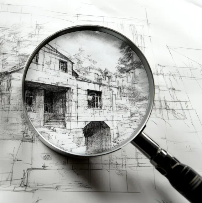 Pencil sketch of a house viewed through a magnifying glass, on a blueprint-like background.