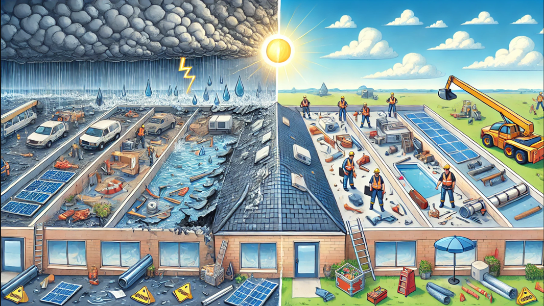 A building's before & after: left shows damage from storm, right shows sunny construction and repair.