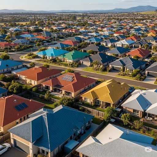 Aerial view of a suburban neighborhood with colorful roofs and a winding road.