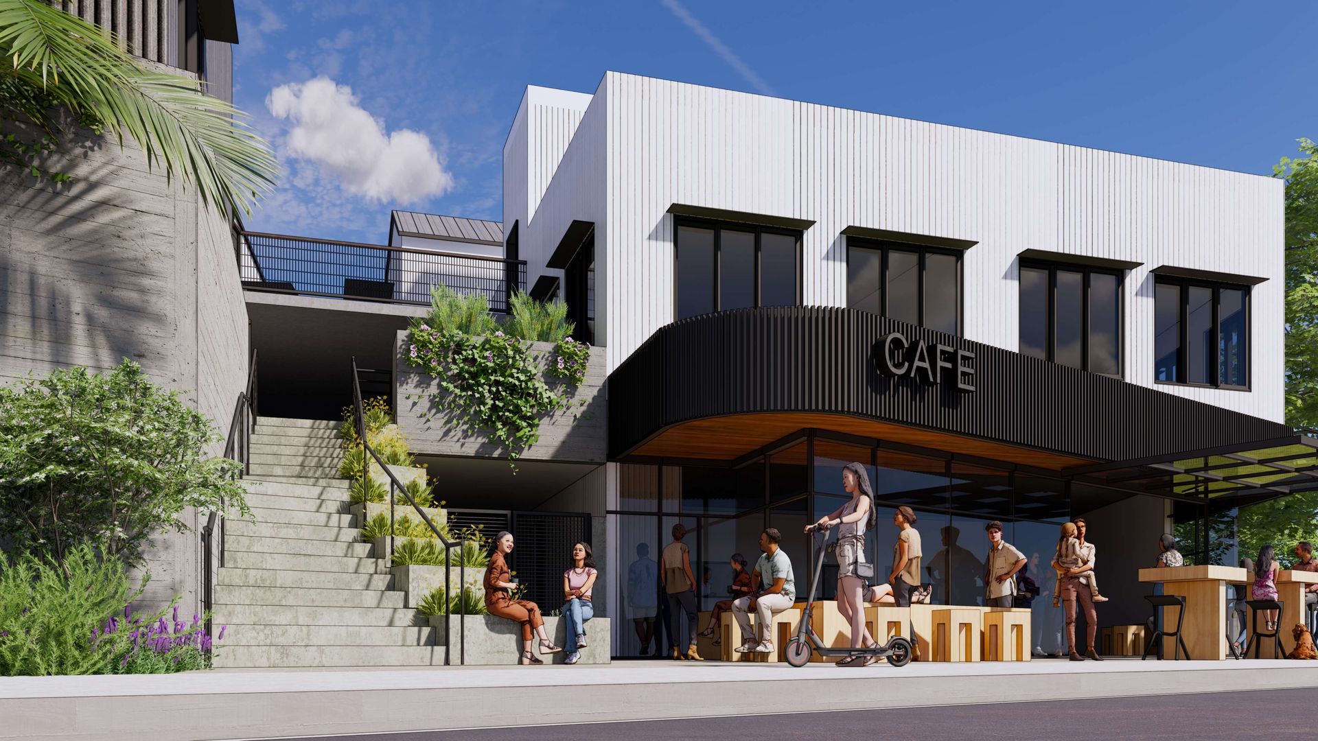 Cafe exterior with people outside, stairs, plants, and a rooftop patio. White and black facade.