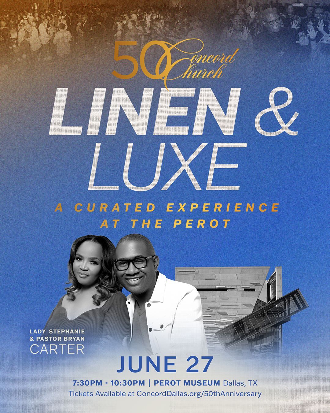 Flyer for "Linen & Luxe" event at Perot Museum. Features couple, date, and location.