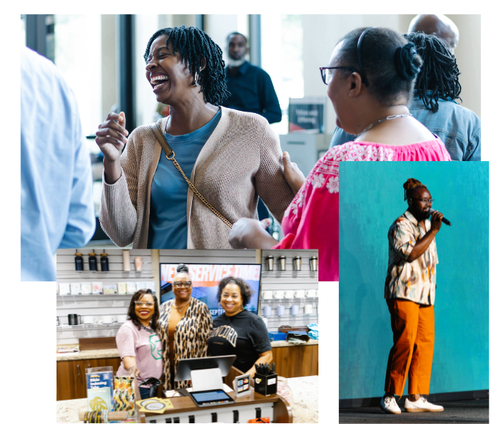 People at an event, laughing, talking, and performing. Includes a business storefront and a speaker on a stage.