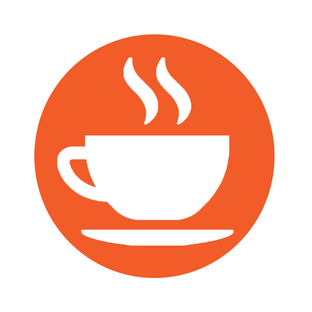 White coffee cup with steam rising, inside an orange circle.