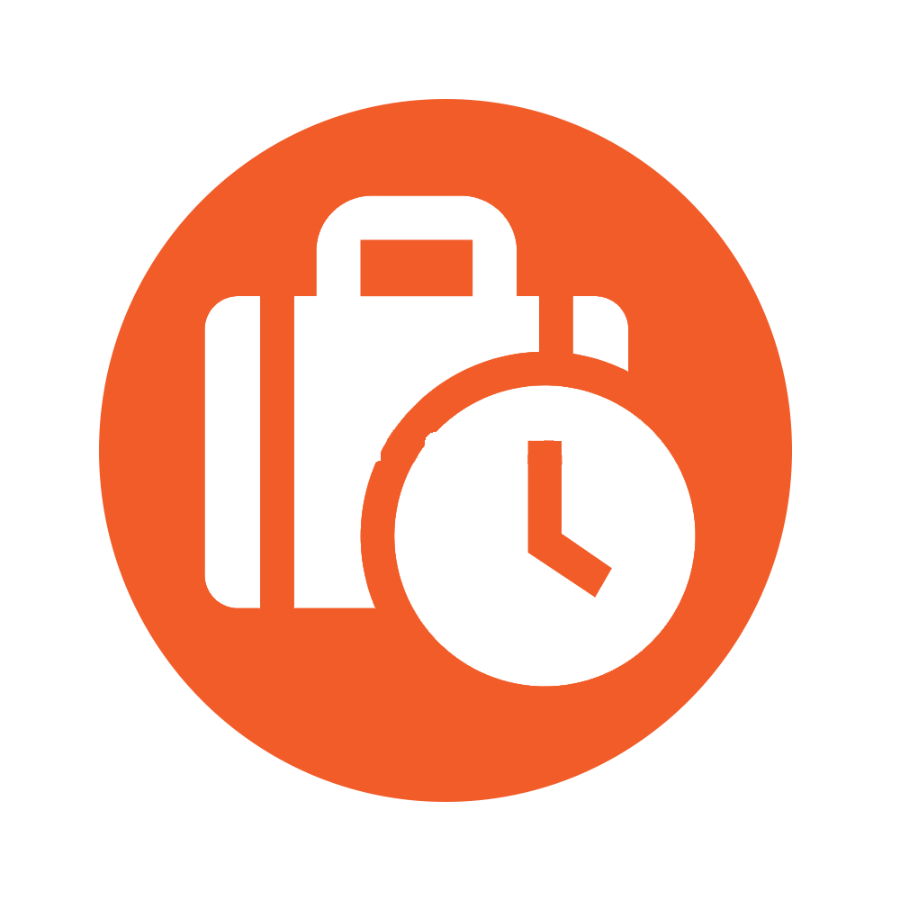 Orange circle with a white suitcase and clock, suggesting travel time.