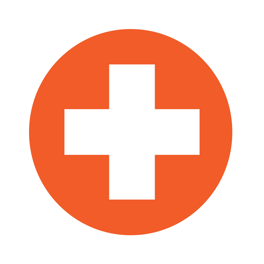 White cross in an orange circle, symbolizing healthcare or first aid.