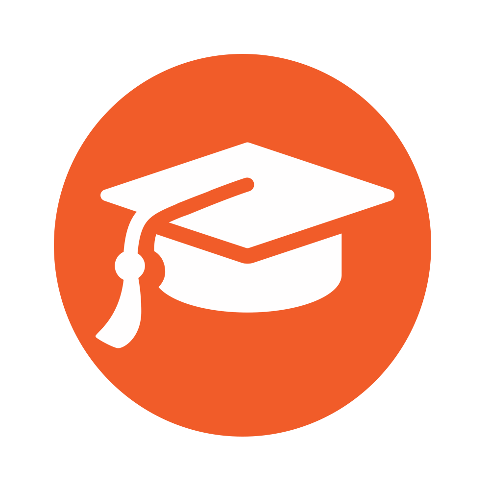 White graduation cap icon in an orange circle.