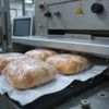 Pasticcini appena glassati su carta da forno, che escono dal nastro trasportatore di un forno industriale