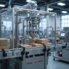 Macchina automatizzata che riempie scatole di cartone su una linea di produzione in fabbrica
