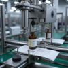 Macchina imbottigliatrice che riempie flaconi ambrati di medicinali su una linea di produzione in fabbrica