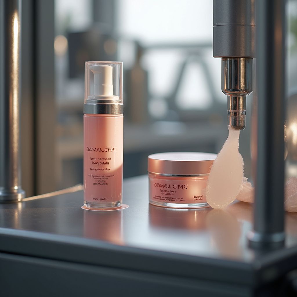 Flaconi rosa per la skincare su un mobile da bagno accanto a un pennello da trucco e a un rubinetto