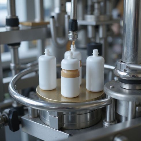 Macchina automatica di riempimento che versa liquido in bottiglie bianche su una linea di produzione in fabbrica