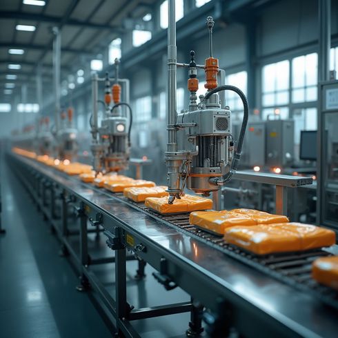 Nastro trasportatore automatizzato in fabbrica con prodotti confezionati di arancione