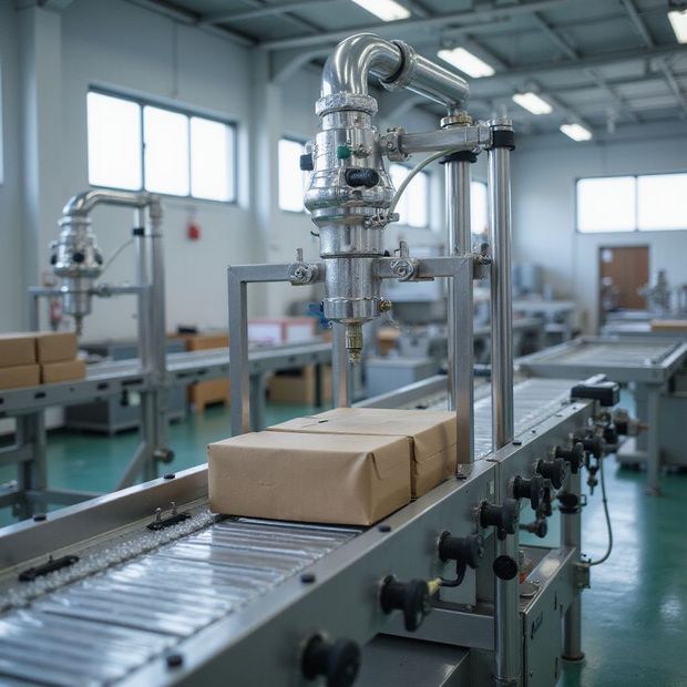 Scatola di cartone su un nastro trasportatore in una luminosa sala di confezionamento industriale