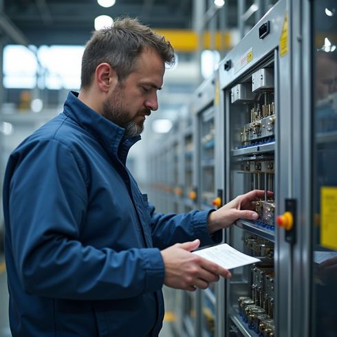 Tecnico con giacca blu che ispeziona un quadro elettrico e prende appunti nel corridoio di una fabbrica