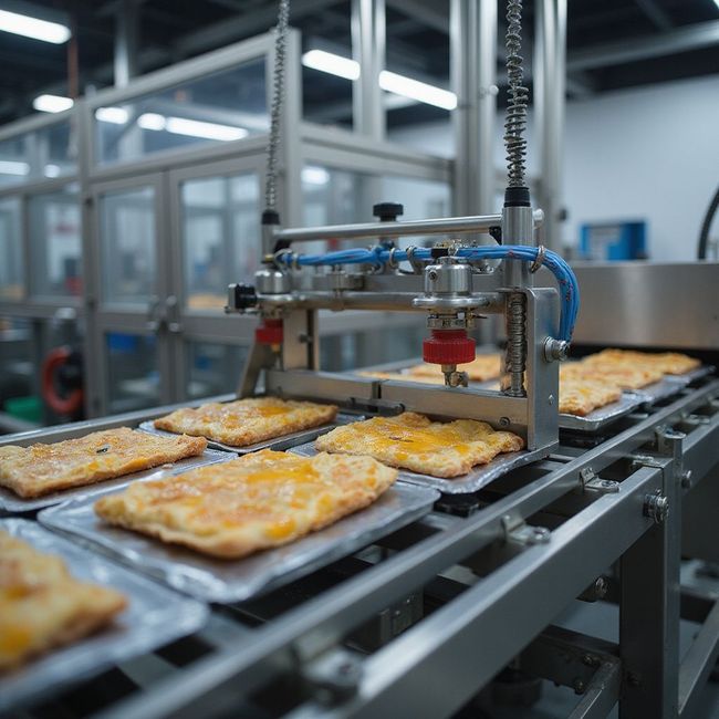 Un nastro trasportatore automatico in fabbrica sposta pizze appena sfornate sotto una macchina robotizzata di metallo