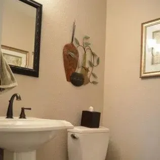 Bathroom interior with sink, mirror, toilet, wall art, and tissue box.