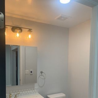 Bathroom with mirror, light fixture, towel ring, and toilet.