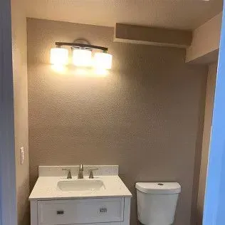 Bathroom with vanity, toilet, and overhead light fixture; tan walls.