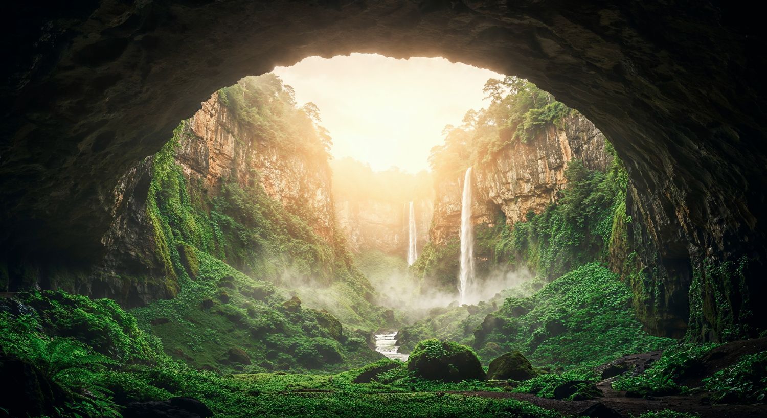 Cave opening to a lush jungle with two waterfalls, vibrant green foliage, and sunlight.