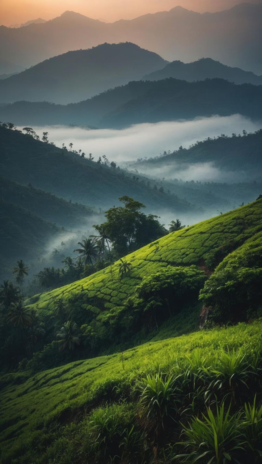 Rolling green hills of tea plantations cascade into misty mountain ranges.