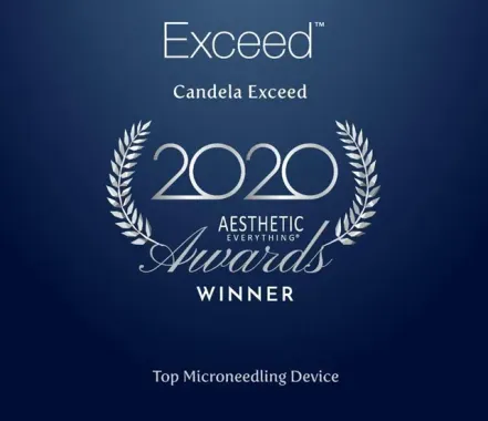 A blue sign that says exceed candela exceed 2020 aesthetic awards winner