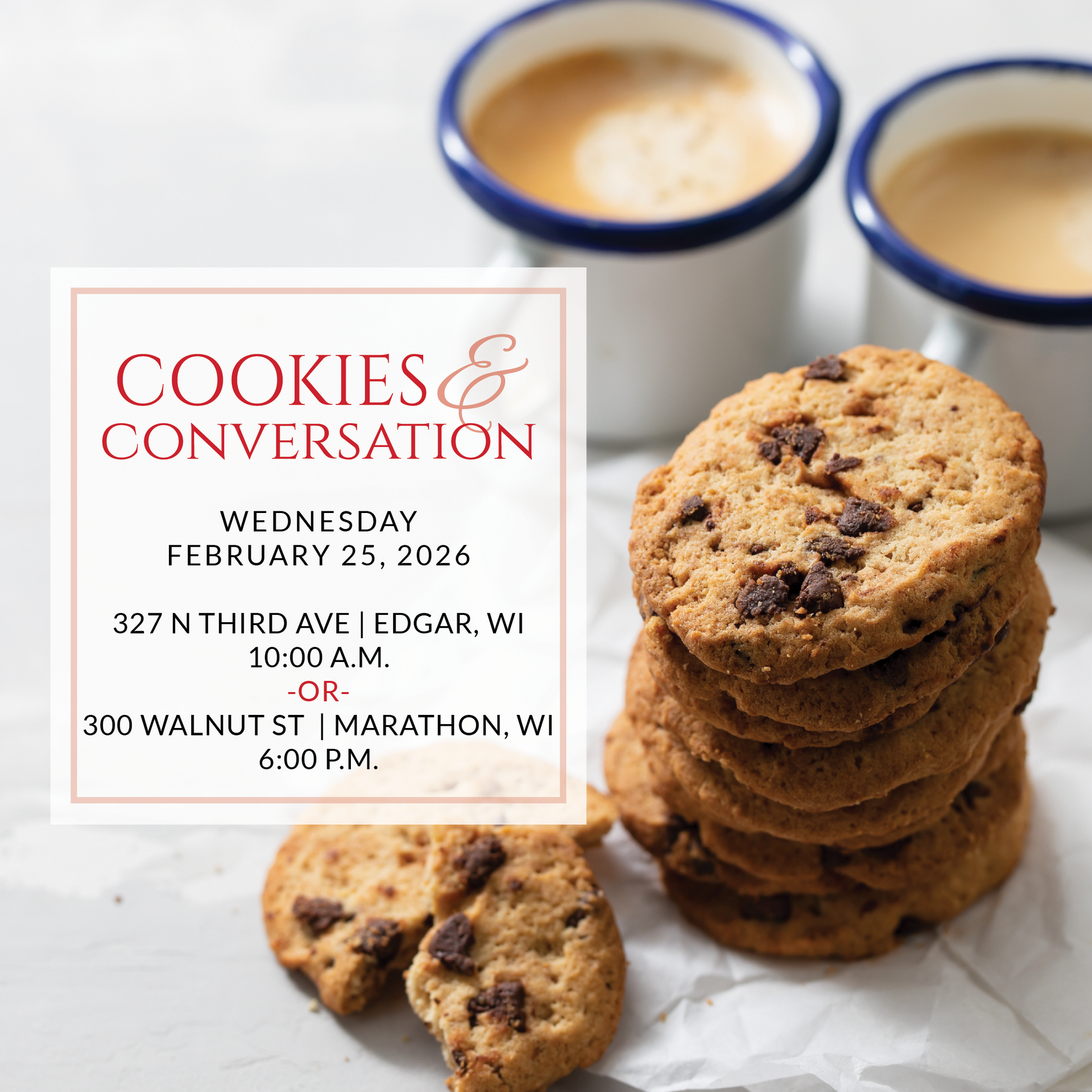 a plate of cookies on a table with the words cookies & conversation on it