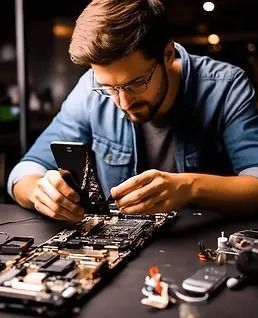 Man in glasses repairs circuit board, looking at a smartphone screen, lit by a desk lamp.