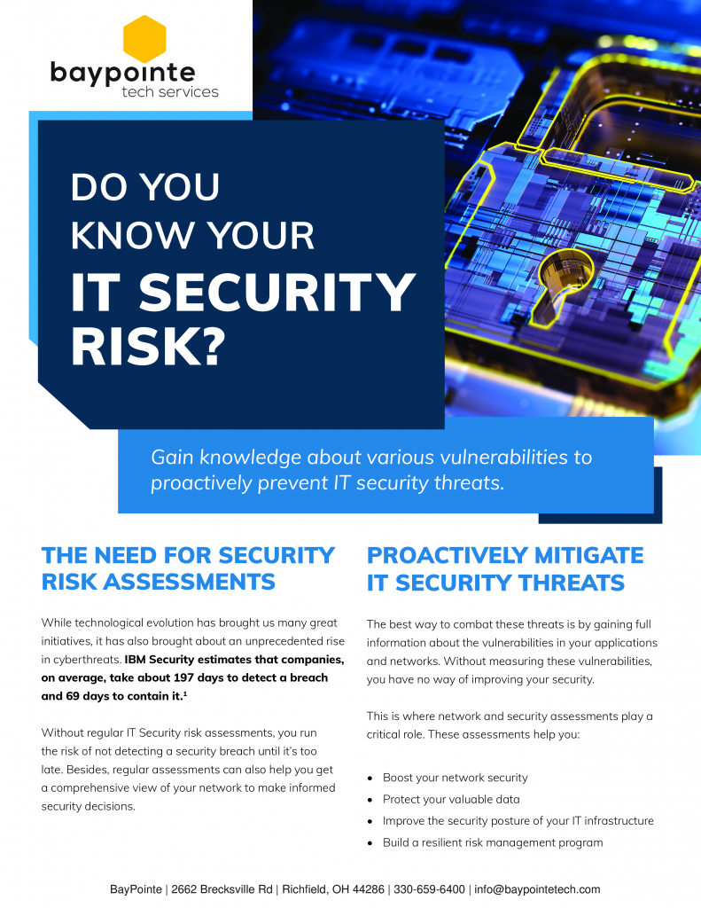Blue cybersecurity poster asking “Do you know your IT security risk?” with keys and code background
