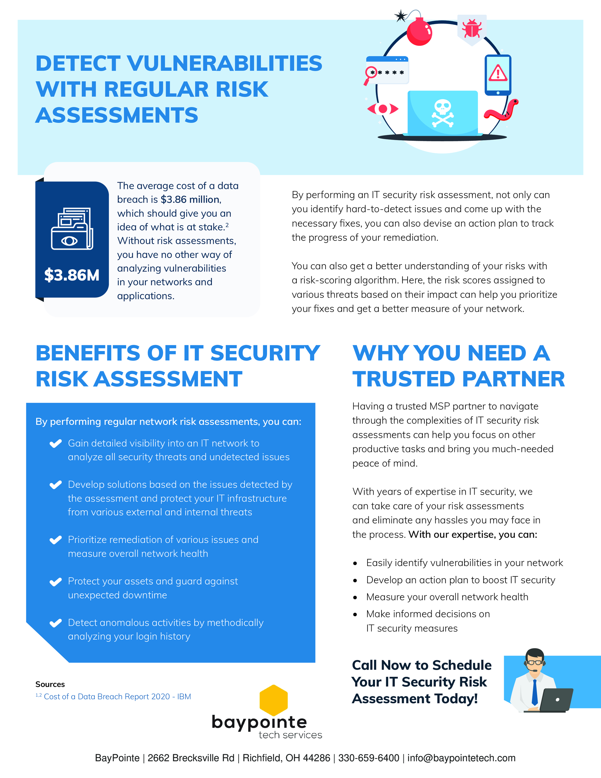 Blue cybersecurity flyer about regular risk assessments, with icons, checklist, and contact details.
