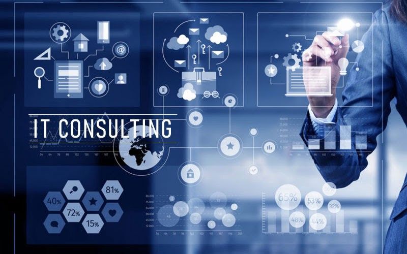 IT consulting concept with businessman touchscreen interface and digital icons on blue background