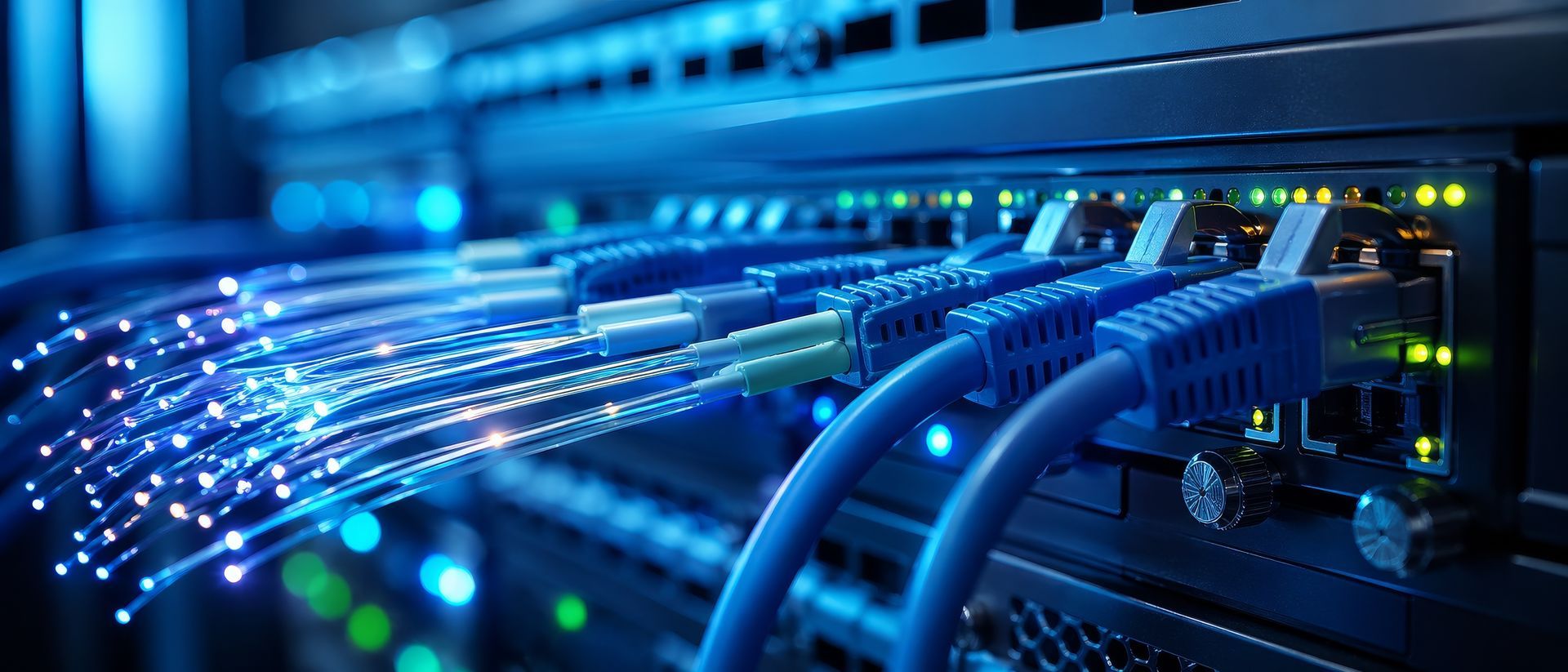 Glowing blue network cables plugged into a server switch in a data center