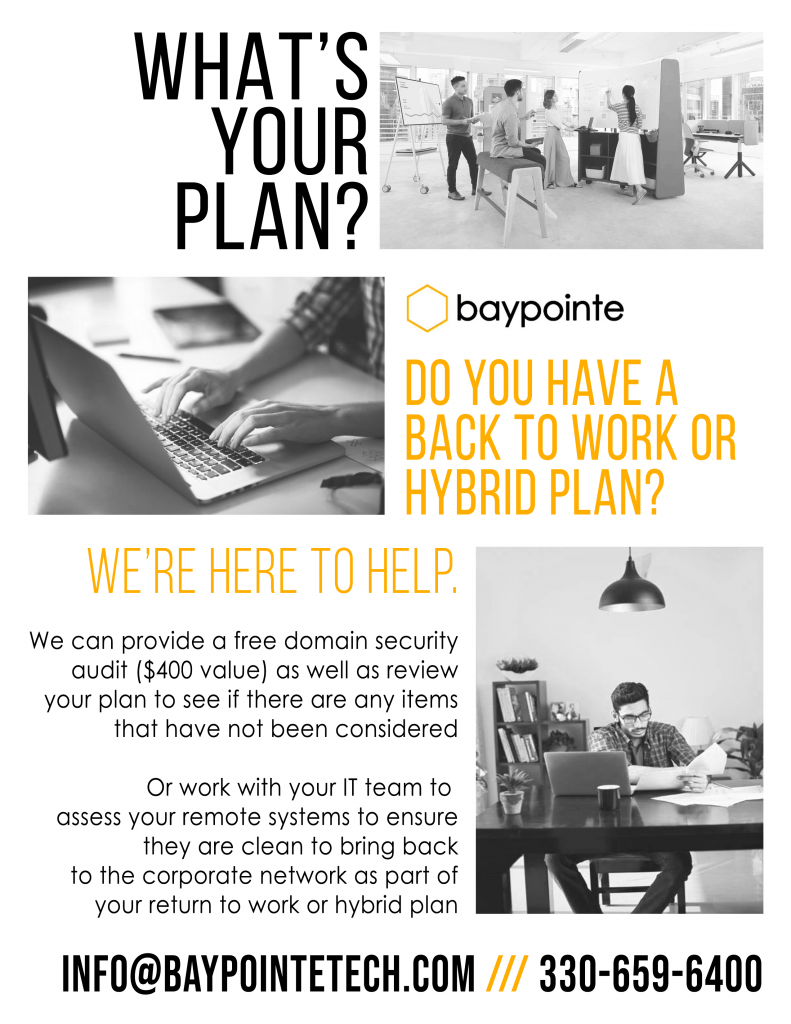 Business flyer asking, “Do you have a back to work or hybrid plan?” with office-worker photos and contact info