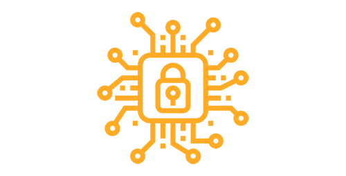 Orange microchip icon with a padlock, symbolizing cybersecurity and data protection