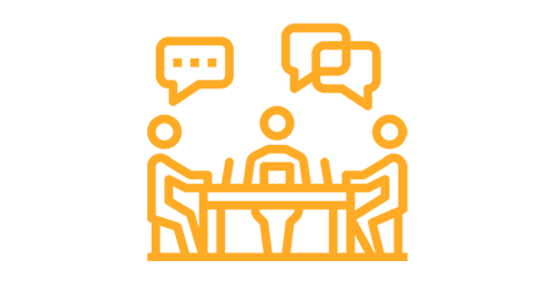 Three people sitting at a table in orange line art, with speech bubbles above them.