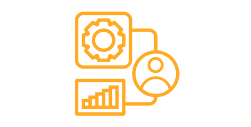 Orange outline icons of a gear, bar chart, and user profile on a white background