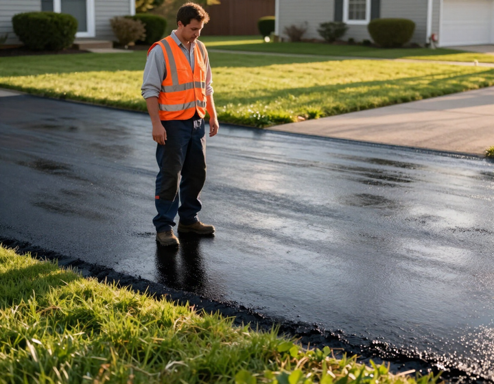 Worker in an orange safety vest inspecting a freshly paved residential street.