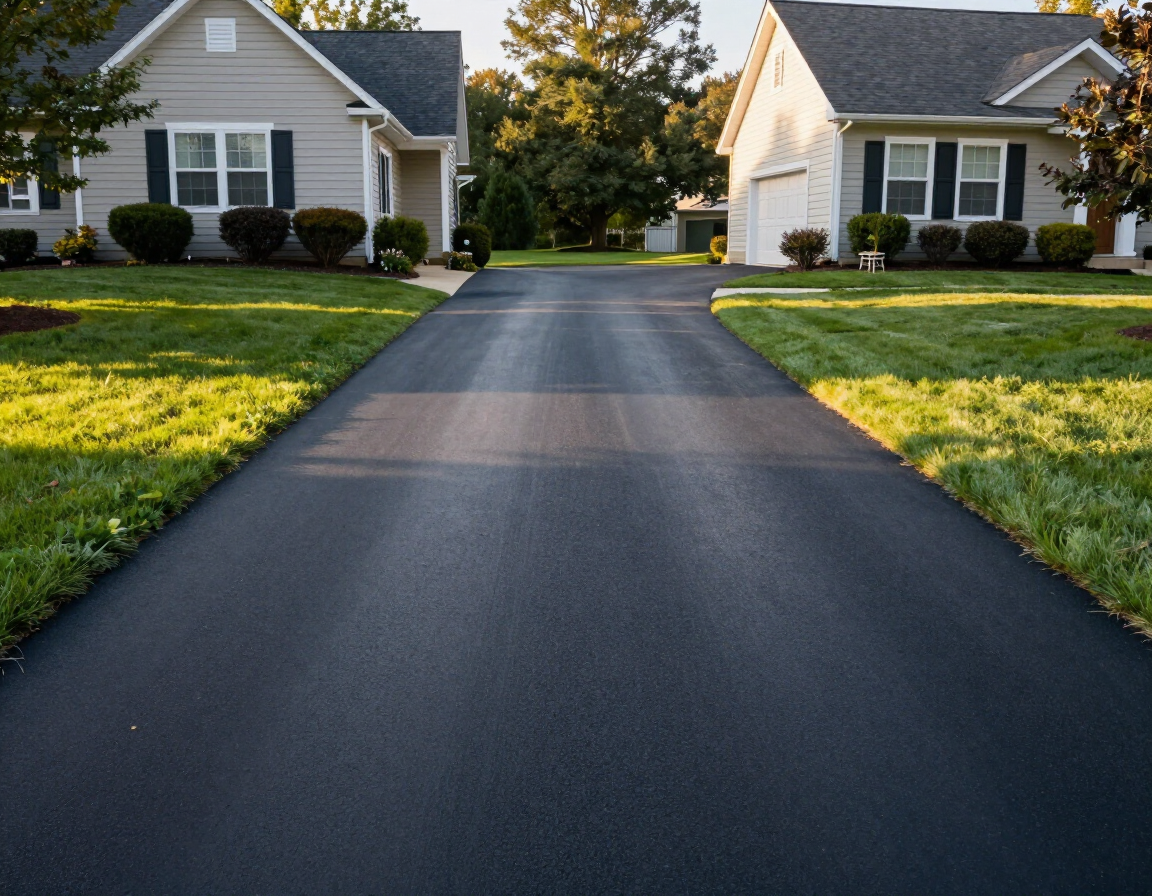 Residential driveway between two white houses with a freshly paved black asphalt surface