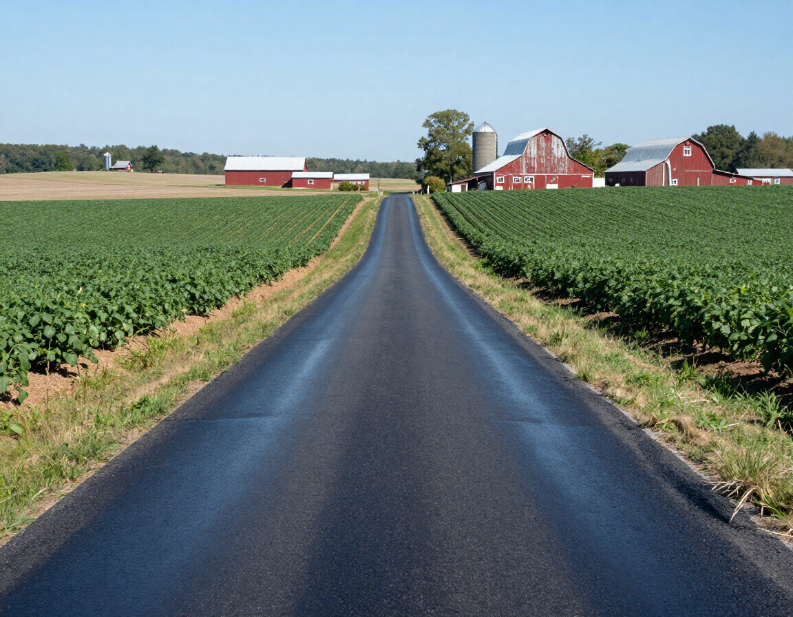 Straight country road between green farm fields leading to red barns under a clear blue sky