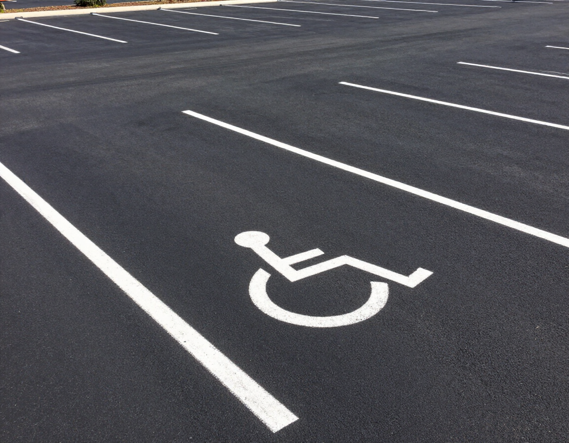 Accessible parking space with white wheelchair symbol painted on dark asphalt