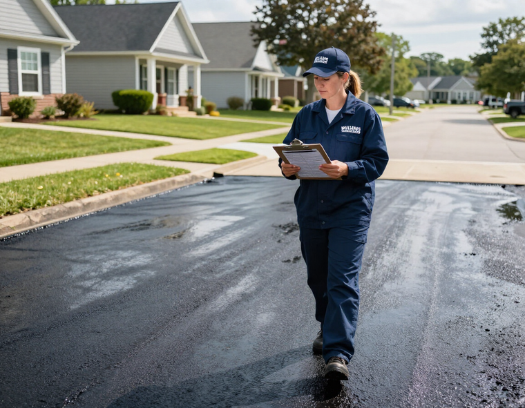 Inspector in navy uniform walks on a freshly sealed suburban street, holding a clipboard.