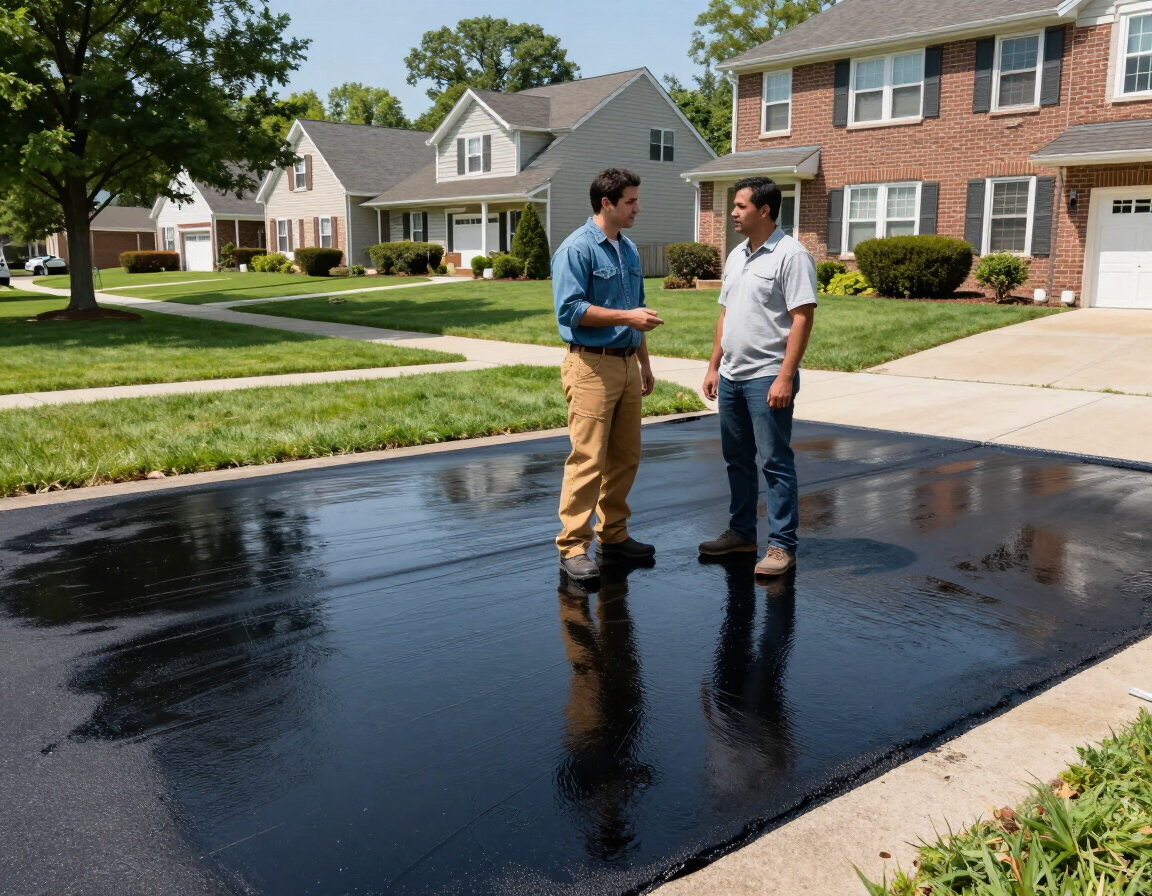 Two men stand on a newly sealed black driveway in a suburban neighborhood.