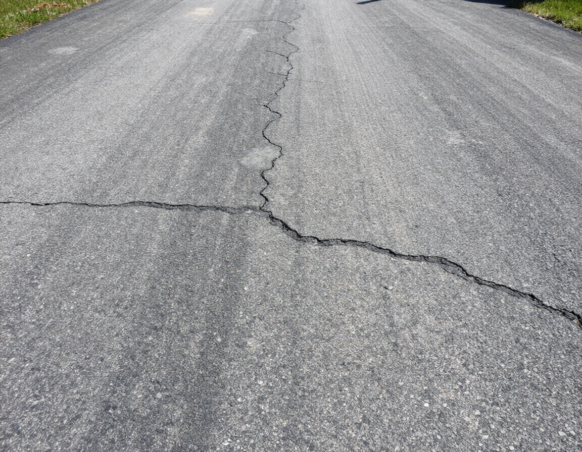 Cracked gray asphalt road with a long diagonal pavement crack