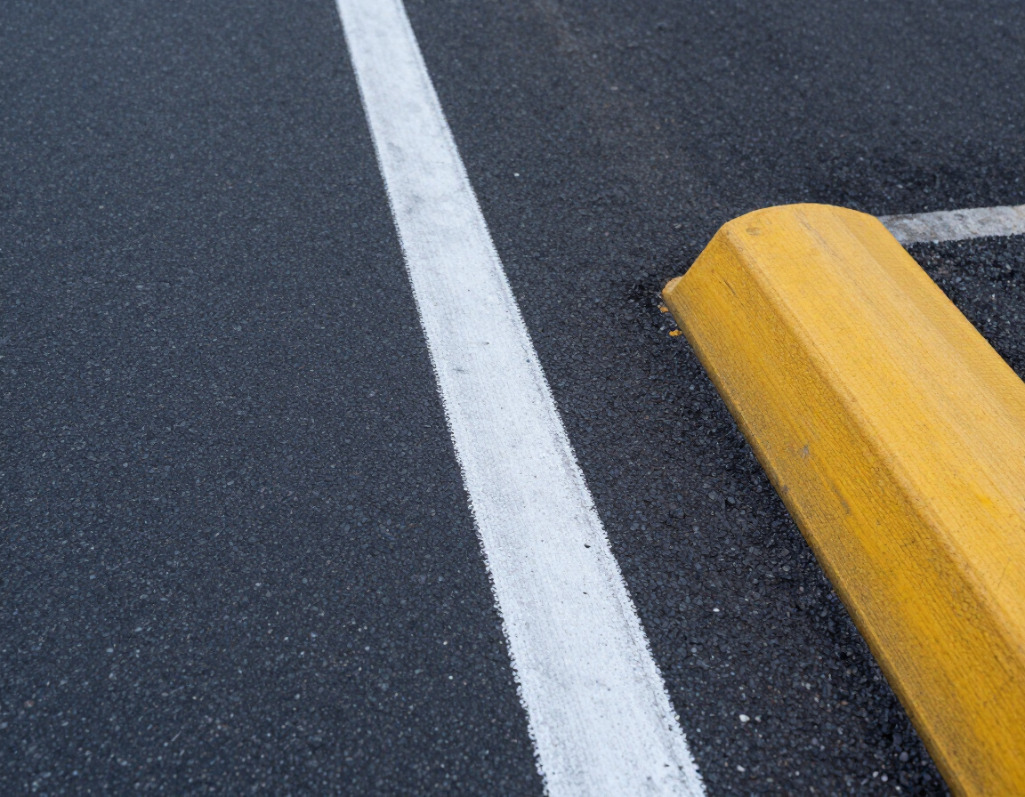White lane line on dark asphalt beside a yellow curb stop.