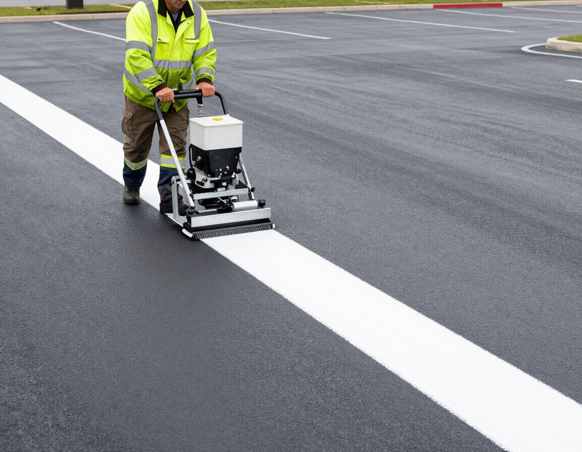 Worker marking a white road line with a striping machine on fresh asphalt.