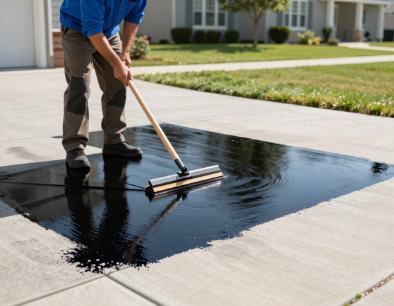 Person squeegeeing black sealant on a driveway