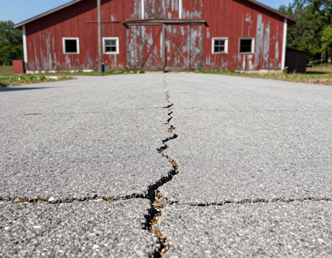 Cracked asphalt driveway leading to a red barn with white trim