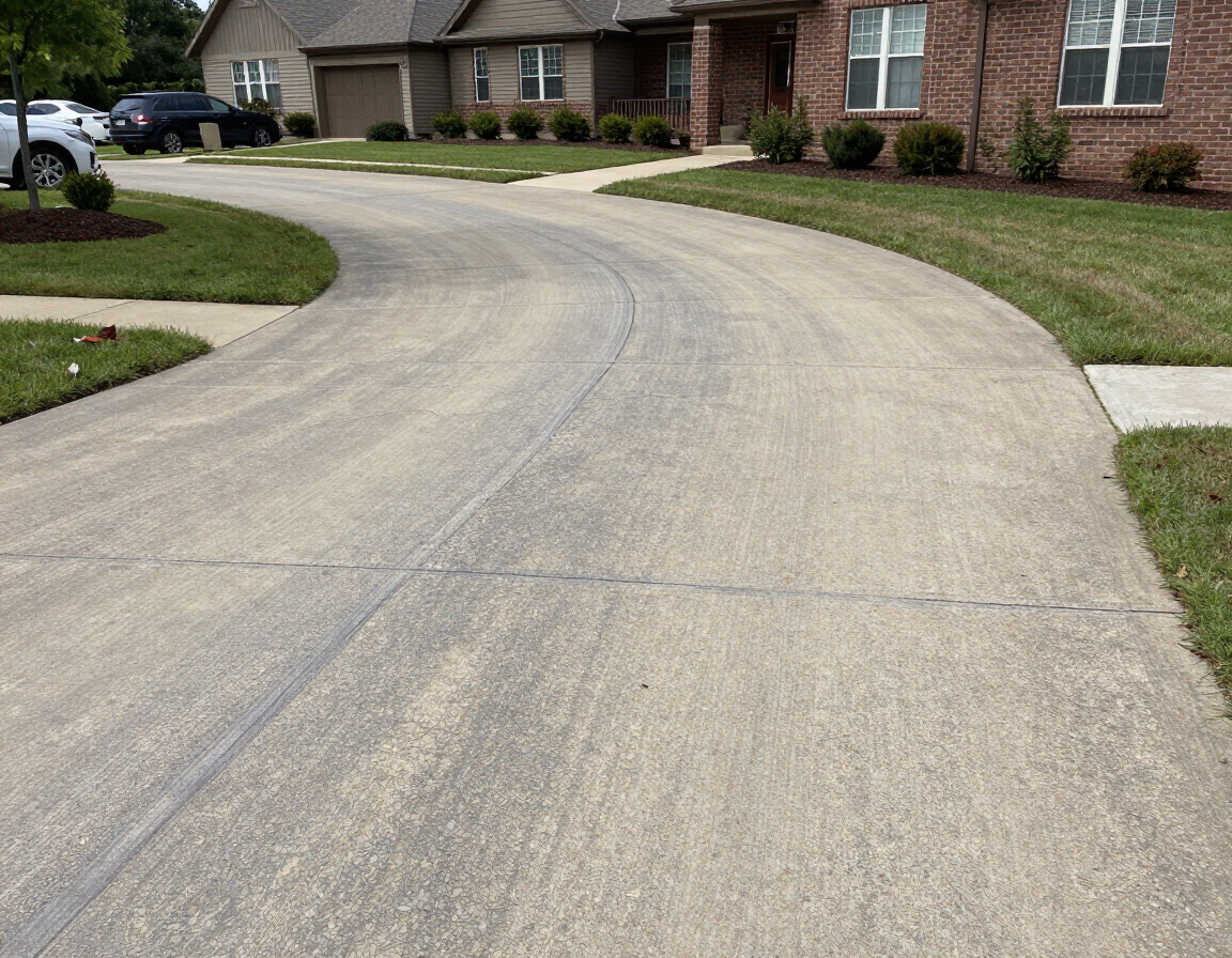 Curved suburban driveway leading past brick houses with parked cars and green lawns